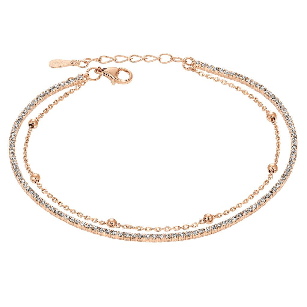 925 Rose Gold Dual Chain Bracelet with Zircon Accents