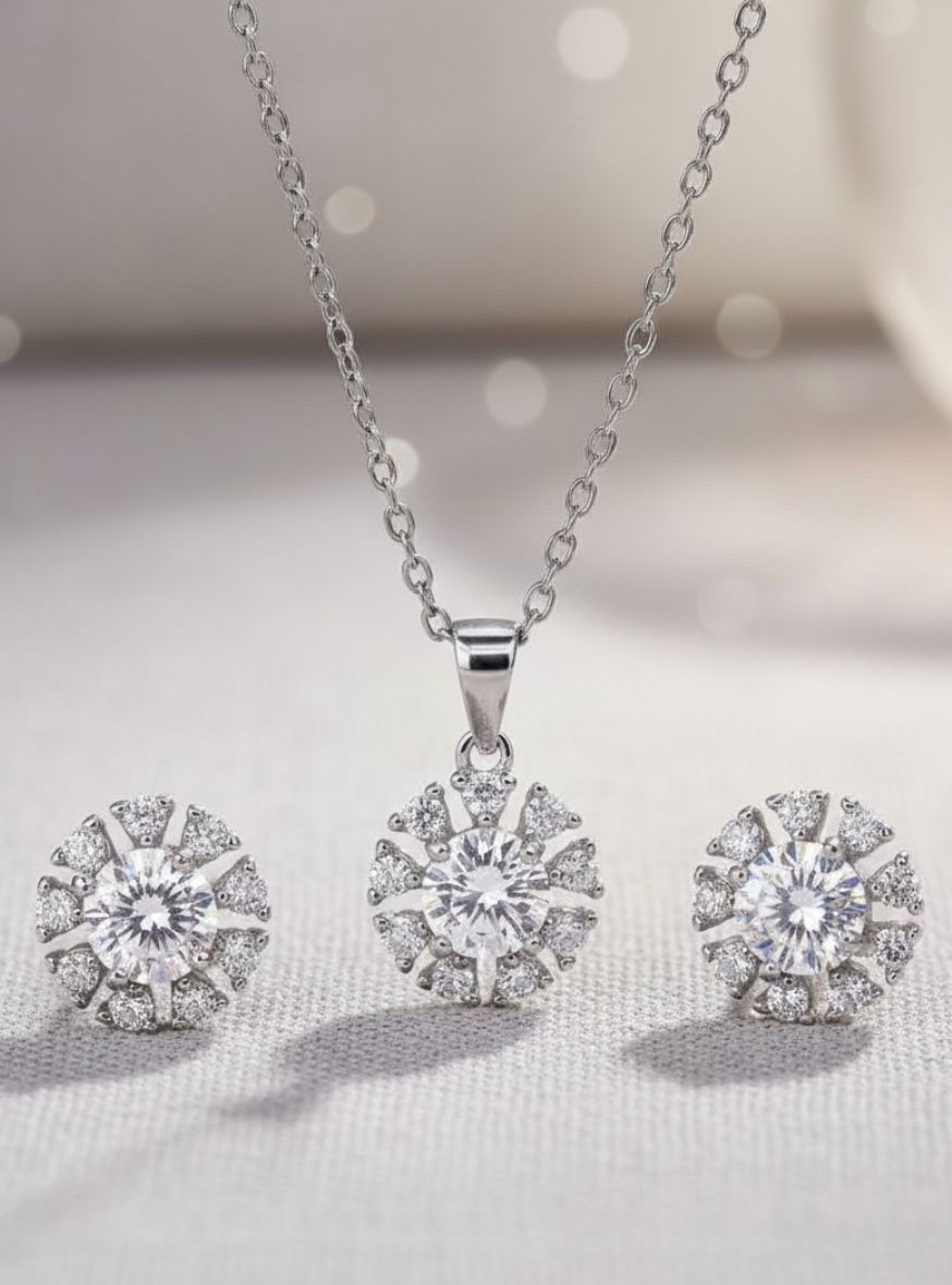 925 Silver Round Solitaire Pendant & Earrings Set with Cubic Zirconia