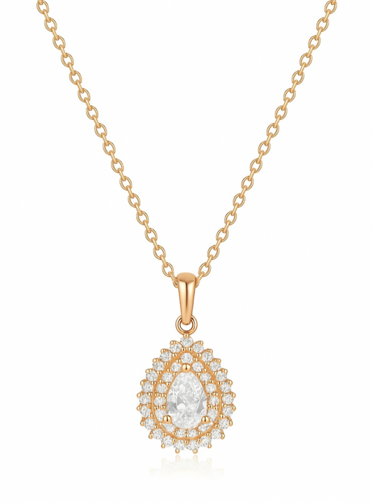 925 Sterling Silver Teardrop Halo Pendant Necklace in Rose Gold Finish