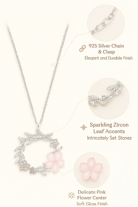 925 Sterling Silver Floral Wreath Pendant Necklace with Pink Blossom & CZ Accents