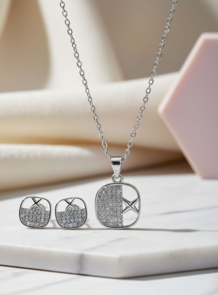 925 Silver Geometric Square Pendant & Earrings Set with CZ Detailing