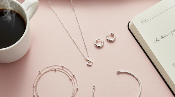 Minimalist 925 silver necklace, earrings, bracelet, and anklets flat-lay on white background