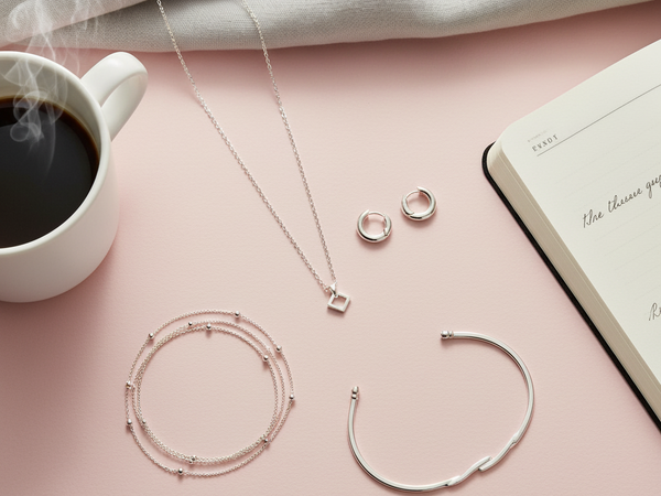 Minimalist 925 silver necklace, earrings, bracelet, and anklets flat-lay on white background