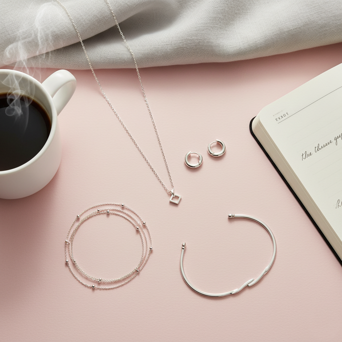 Minimalist 925 silver necklace, earrings, bracelet, and anklets flat-lay on white background