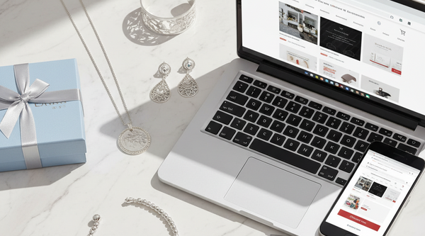 Flat-lay of 925 sterling silver jewellery including necklace, earrings, bracelet, and anklet on white background with gift box and laptop symbolizing online shopping in India
