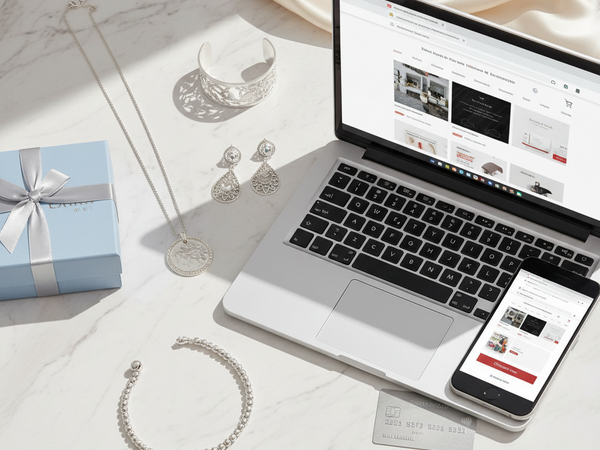 Flat-lay of 925 sterling silver jewellery including necklace, earrings, bracelet, and anklet on white background with gift box and laptop symbolizing online shopping in India