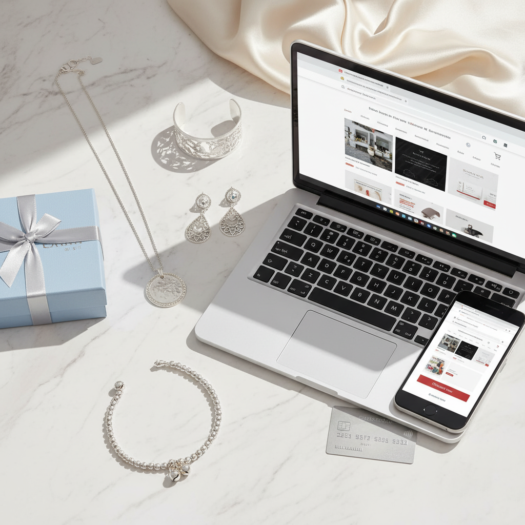 Flat-lay of 925 sterling silver jewellery including necklace, earrings, bracelet, and anklet on white background with gift box and laptop symbolizing online shopping in India