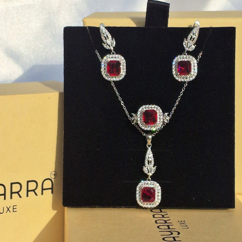 925 Silver Ruby Red Stone Jewelry Set with Pendant Necklace, Earrings & Ring size (  ruby 6 number , sapphire 8 number )