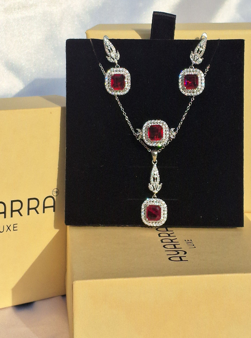 925 Silver Ruby Red Stone Jewelry Set with Pendant Necklace, Earrings & Ring size (  ruby 6 number , sapphire 8 number )