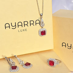 925 Silver Ruby Red Stone Jewelry Set with Pendant Necklace, Earrings & Ring size (  ruby 6 number , sapphire 8 number )