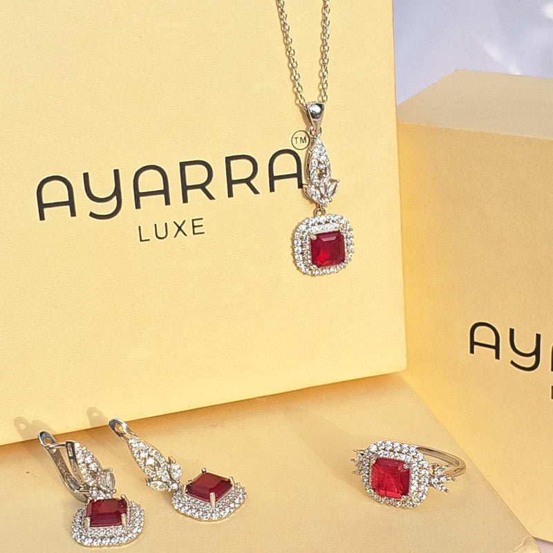 925 Silver Ruby Red Stone Jewelry Set with Pendant Necklace, Earrings & Ring size (  ruby 6 number , sapphire 8 number )