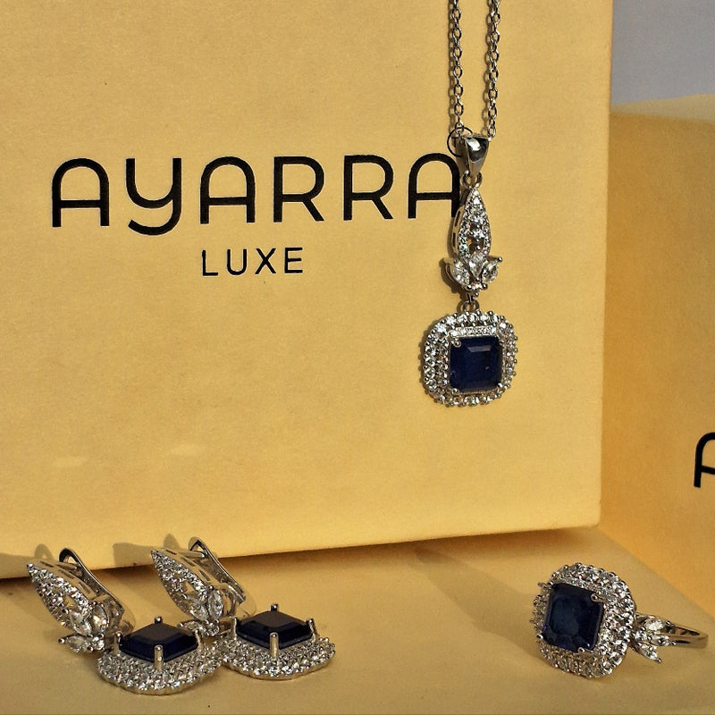 925 Silver Ruby Red Stone Jewelry Set with Pendant Necklace, Earrings & Ring size (  ruby 6 number , sapphire 8 number )