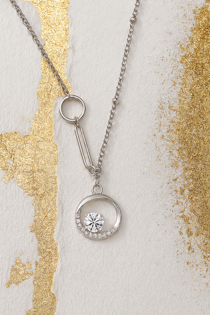 925 Sterling Silver Asymmetric Circle Pendant Necklace with CZ Solitaire
