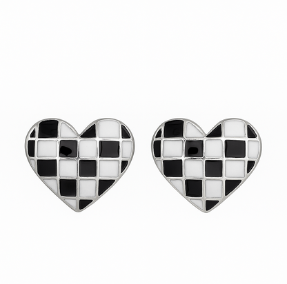 925 Silver Checkerboard Heart Enamel Stud Earrings in Black & White