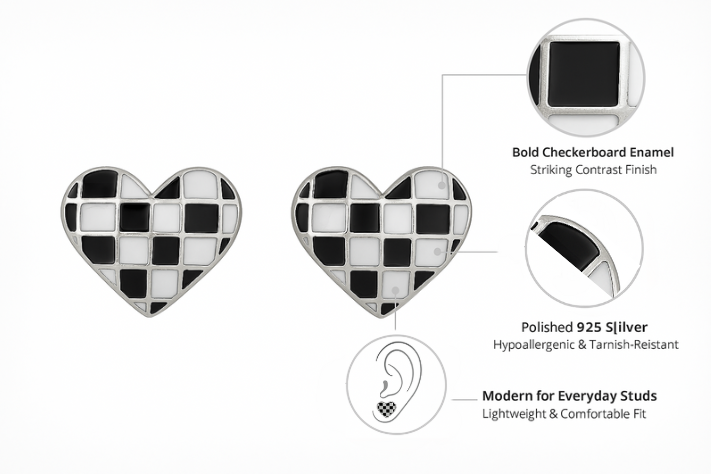 925 Silver Checkerboard Heart Enamel Stud Earrings in Black & White