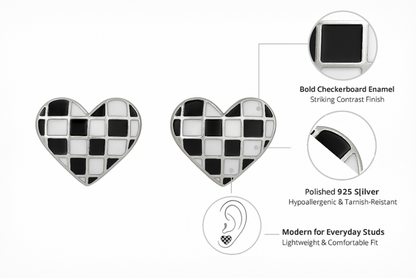 925 Silver Checkerboard Heart Enamel Stud Earrings in Black & White