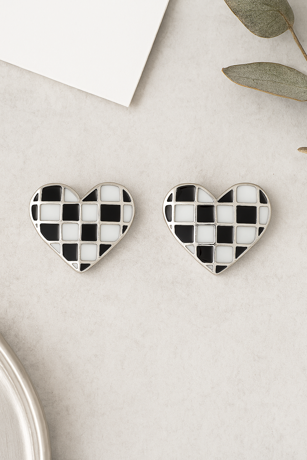 925 Silver Checkerboard Heart Enamel Stud Earrings in Black & White