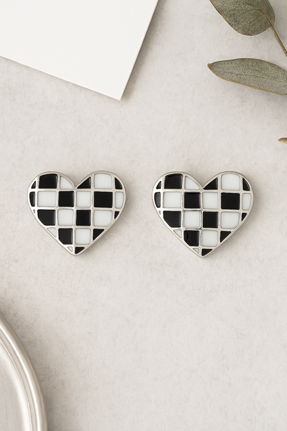 925 Silver Checkerboard Heart Enamel Stud Earrings in Black & White