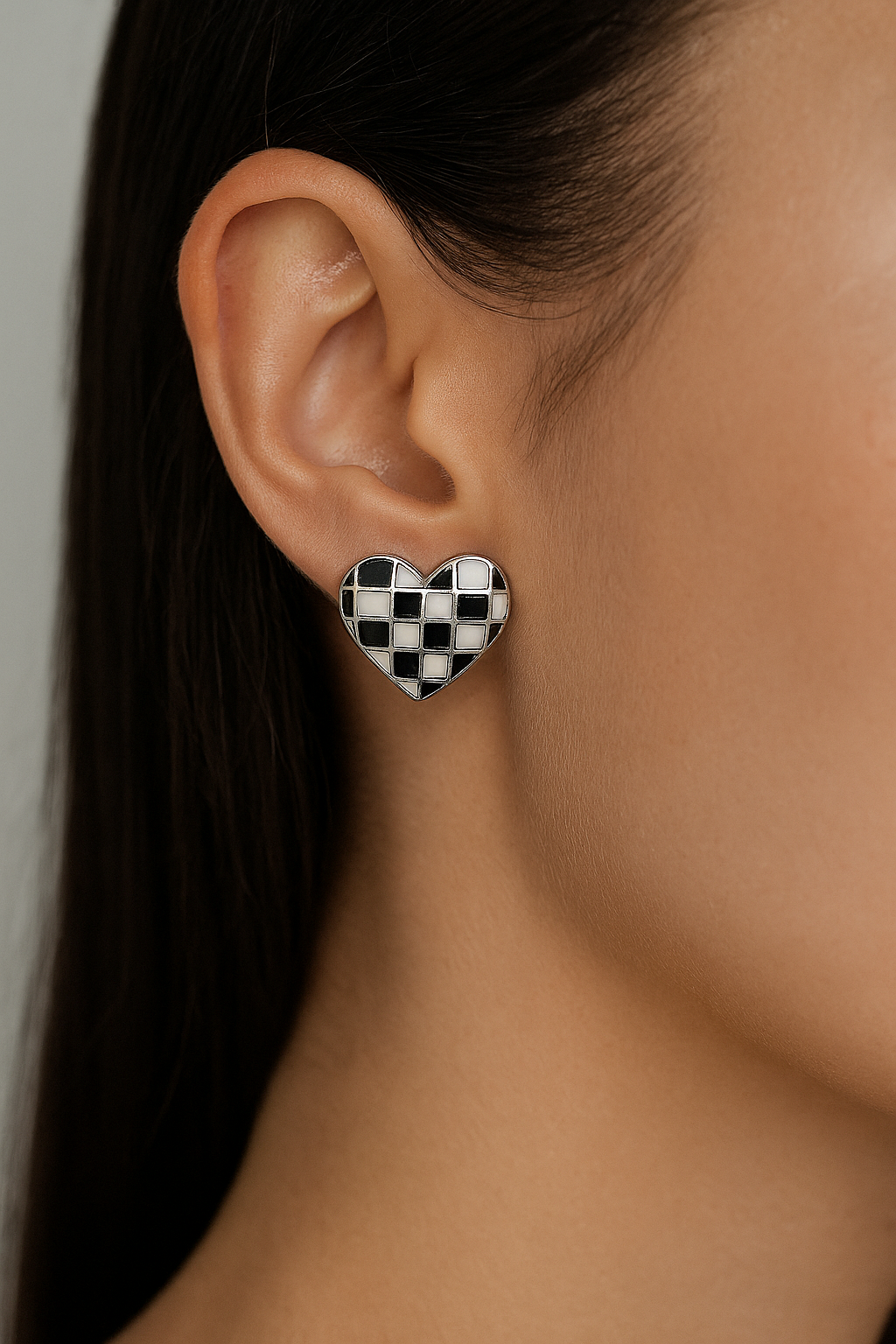 925 Silver Checkerboard Heart Enamel Stud Earrings in Black & White