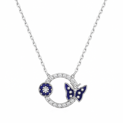 925 Sterling Silver Blue Enamel Butterfly & Floral Charm Necklace