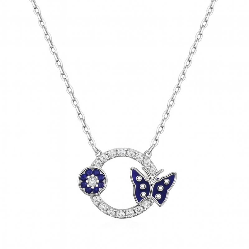 925 Sterling Silver Blue Enamel Butterfly & Floral Charm Necklace