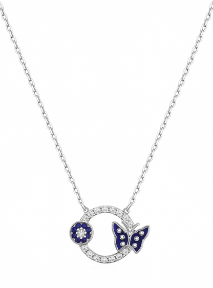 925 Sterling Silver Blue Enamel Butterfly & Floral Charm Necklace