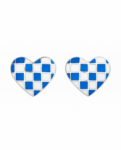 925 Silver Checkerboard Heart Enamel Stud Earrings in Black & White