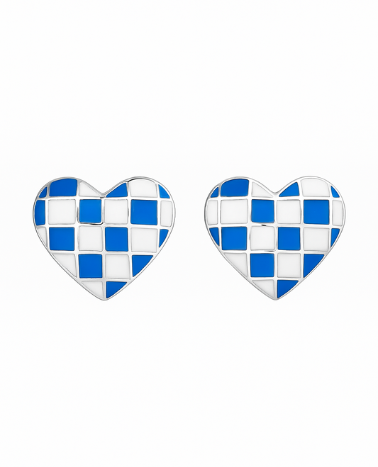 925 Silver Checkerboard Heart Enamel Stud Earrings in Black & White