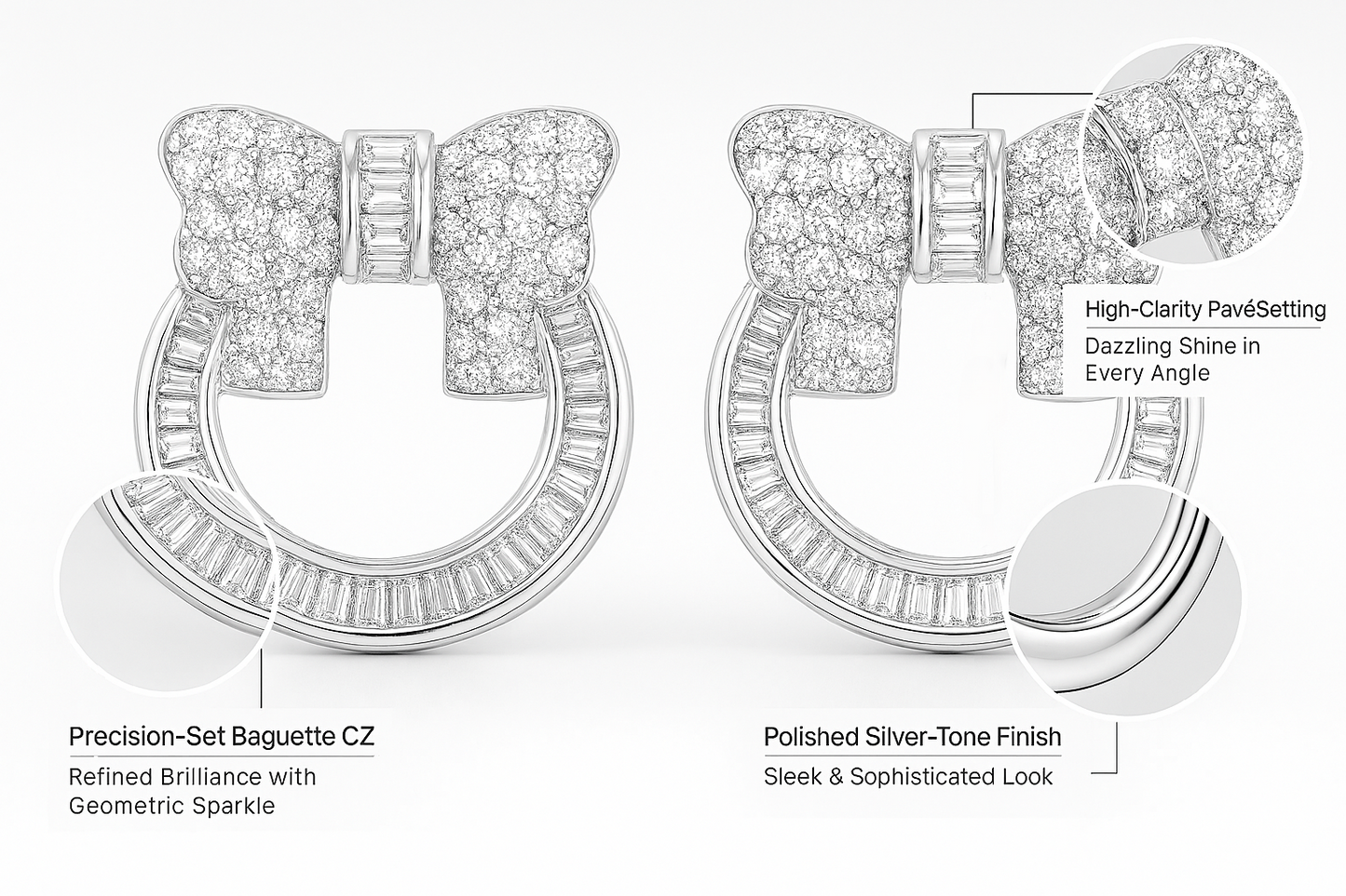 925 Sterling Silver Bow Hoop Stud Earrings with CZ Accents