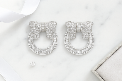 925 Sterling Silver Bow Hoop Stud Earrings with CZ Accents