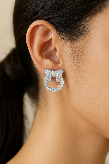 925 Sterling Silver Bow Hoop Stud Earrings with CZ Accents