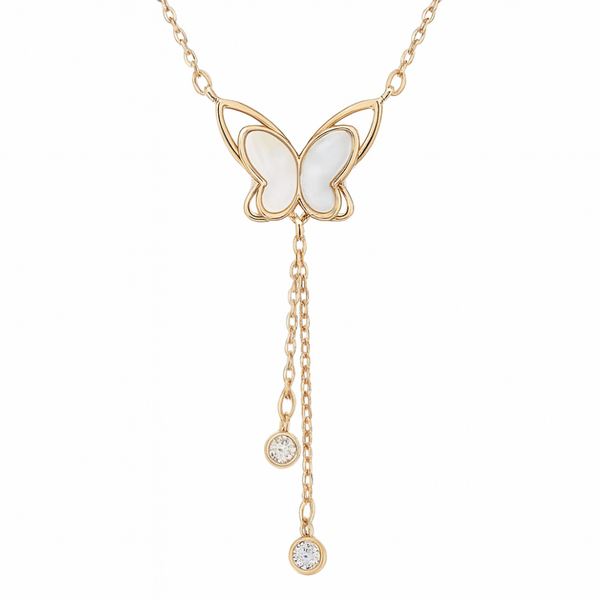 925 Sterling Silver Mother of Pearl Butterfly Necklace with Dual Zircon Drops in rose Gold Finish