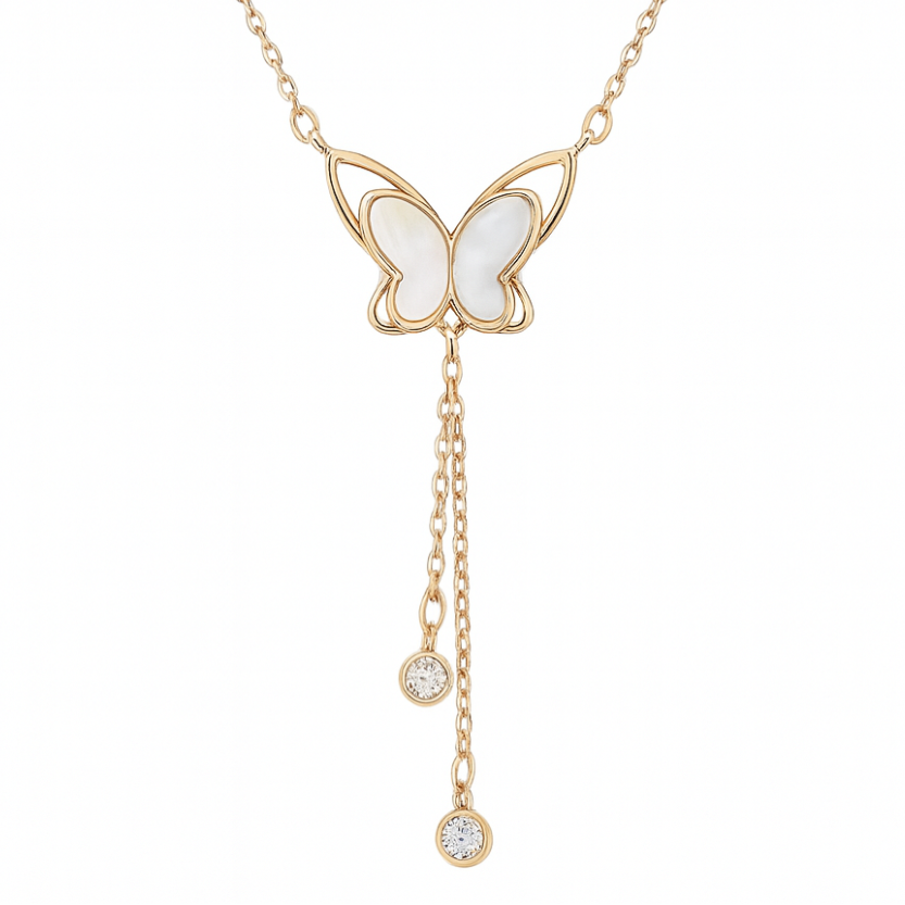 925 Sterling Silver Mother of Pearl Butterfly Necklace with Dual Zircon Drops in rose Gold Finish
