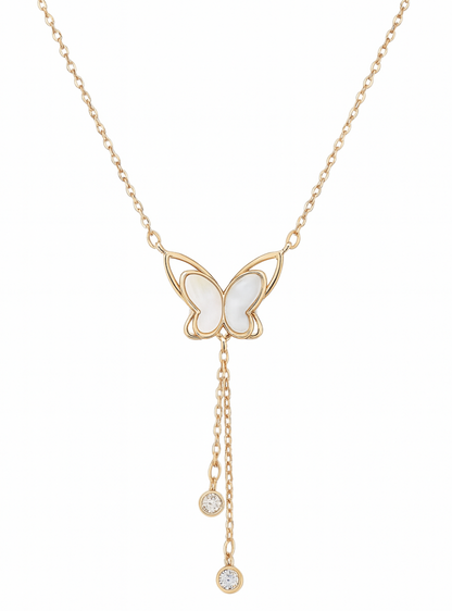 925 Sterling Silver Mother of Pearl Butterfly Necklace with Dual Zircon Drops in rose Gold Finish