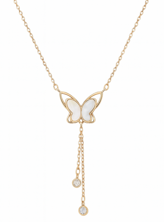 925 Sterling Silver Mother of Pearl Butterfly Necklace with Dual Zircon Drops in rose Gold Finish