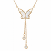 925 Sterling Silver Mother of Pearl Butterfly Necklace with Dual Zircon Drops in rose Gold Finish