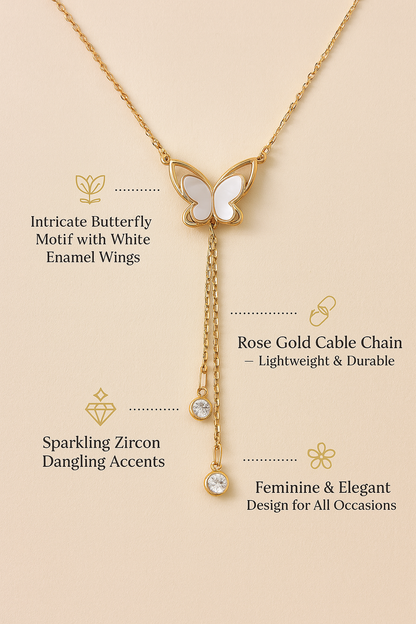 925 Sterling Silver Mother of Pearl Butterfly Necklace with Dual Zircon Drops in rose Gold Finish