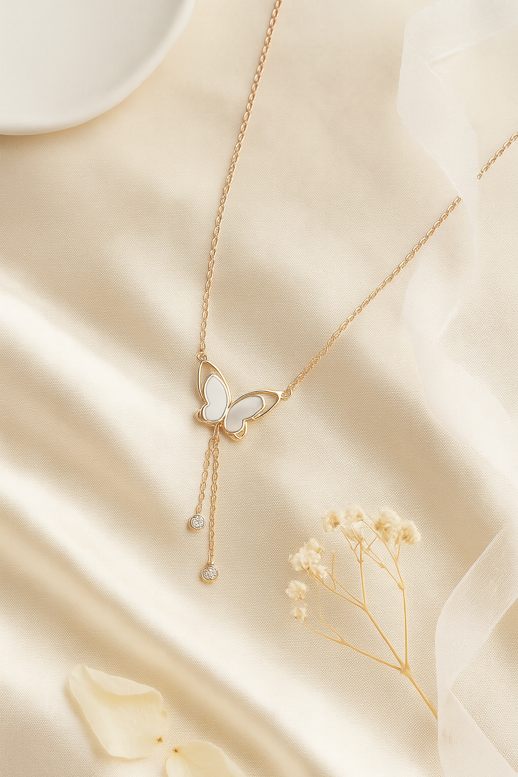 925 Sterling Silver Mother of Pearl Butterfly Necklace with Dual Zircon Drops in rose Gold Finish