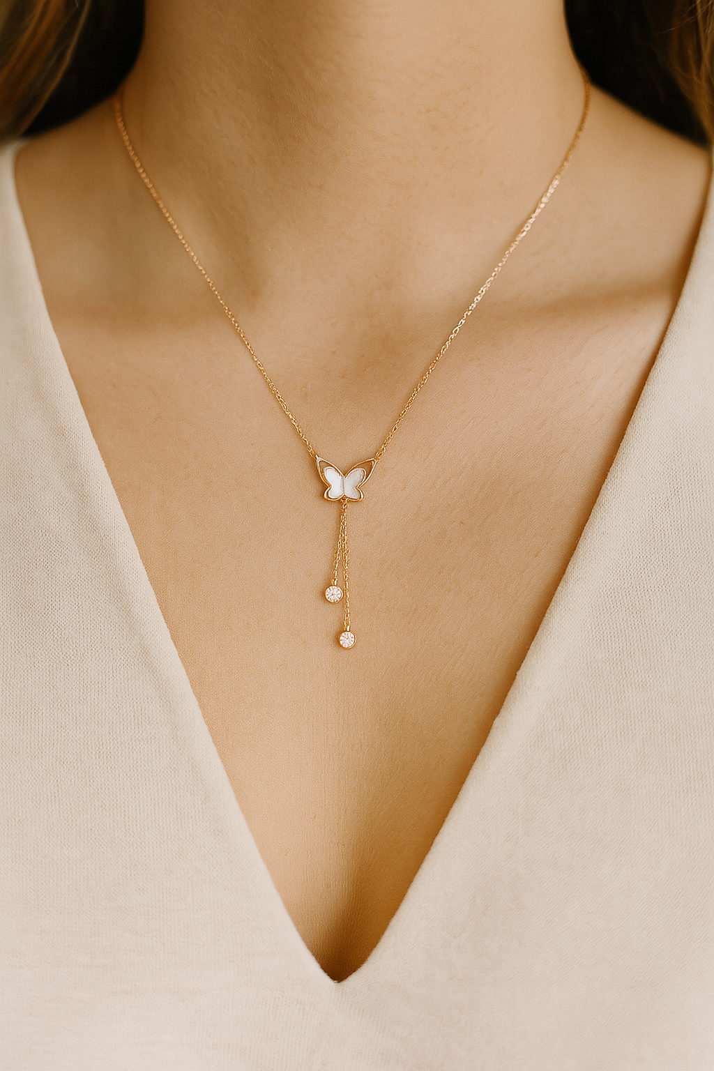 925 Sterling Silver Mother of Pearl Butterfly Necklace with Dual Zircon Drops in rose Gold Finish