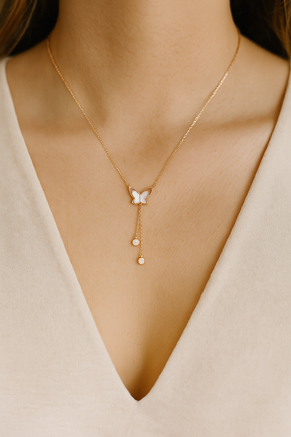 925 Sterling Silver Mother of Pearl Butterfly Necklace with Dual Zircon Drops in rose Gold Finish