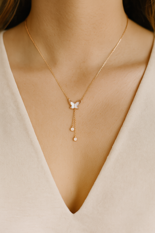 925 Sterling Silver Mother of Pearl Butterfly Necklace with Dual Zircon Drops in rose Gold Finish