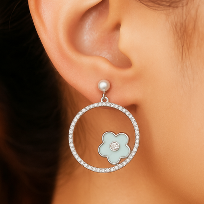 925 Silver Hoop Earrings with Pearl Stud & Enamel Floral Charm