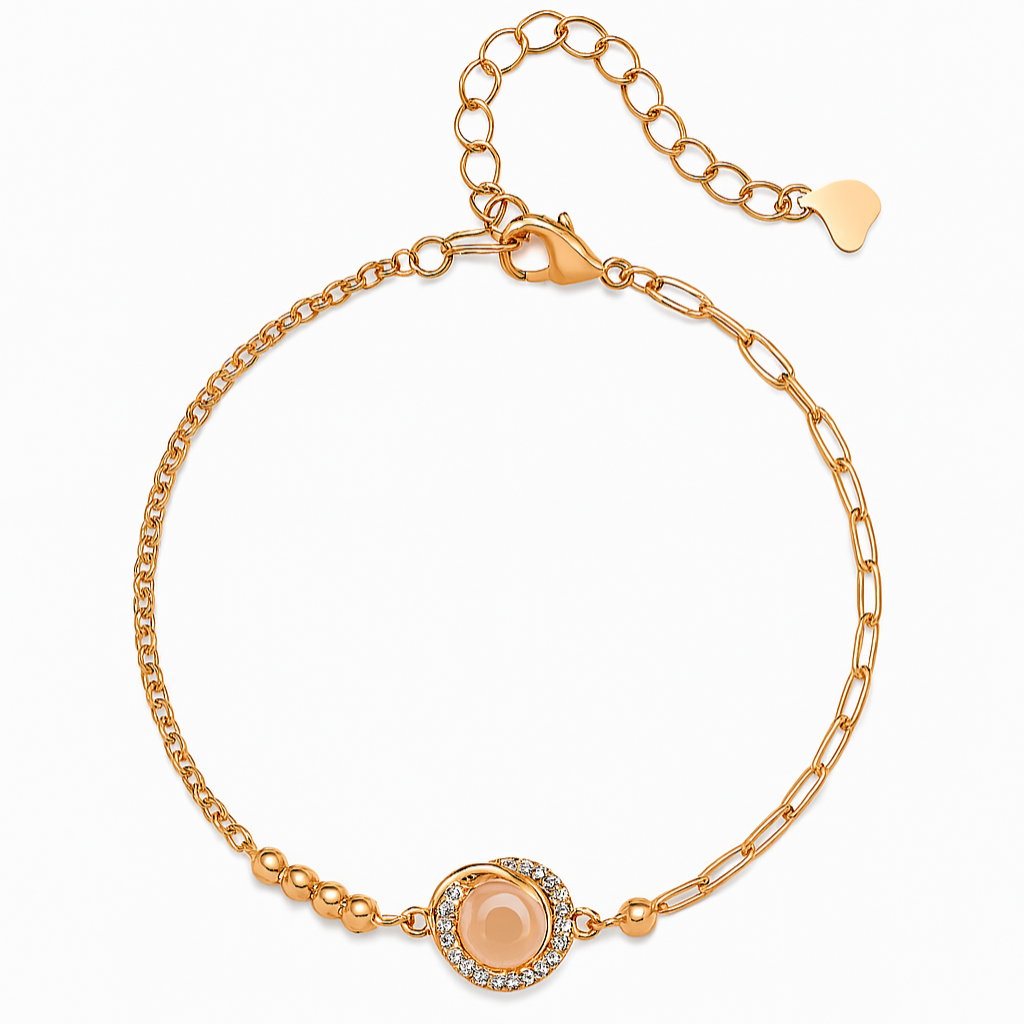 925 Silver Rose Gold Plated Bracelet with Pink Stone & CZ Halo Charm