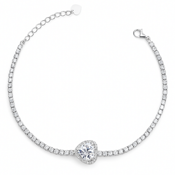 925 Silver Tennis Bracelet with Heart-Shaped CZ Center