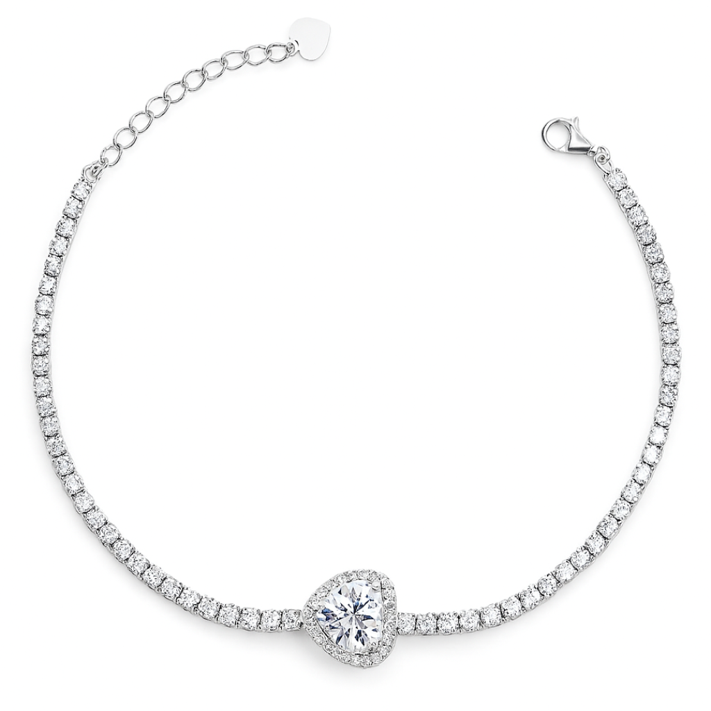 925 Silver Tennis Bracelet with Heart-Shaped CZ Center