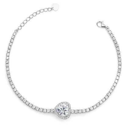 925 Silver Tennis Bracelet with Heart-Shaped CZ Center