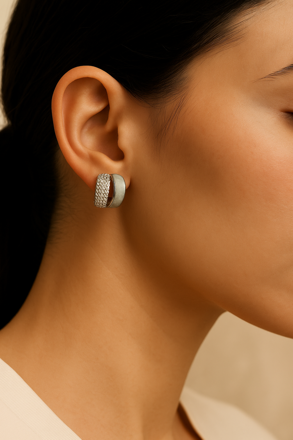 925 Silver Chunky Half-Hoop Earrings with Frosted Enamel & CZ Pavé