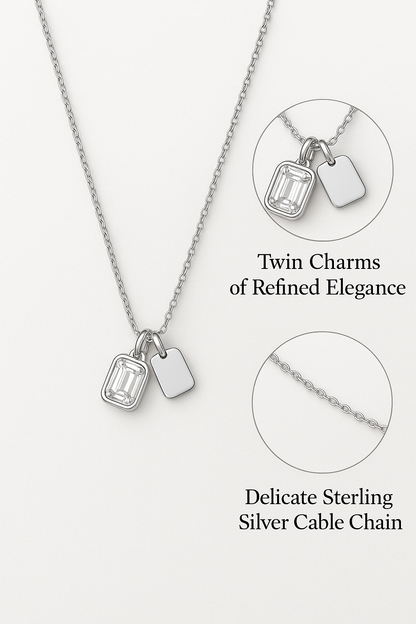 925 Sterling Silver Dual Charm Necklace with Emerald-Cut CZ & Minimal Tag