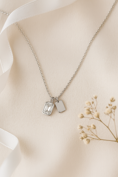 925 Sterling Silver Dual Charm Necklace with Emerald-Cut CZ & Minimal Tag