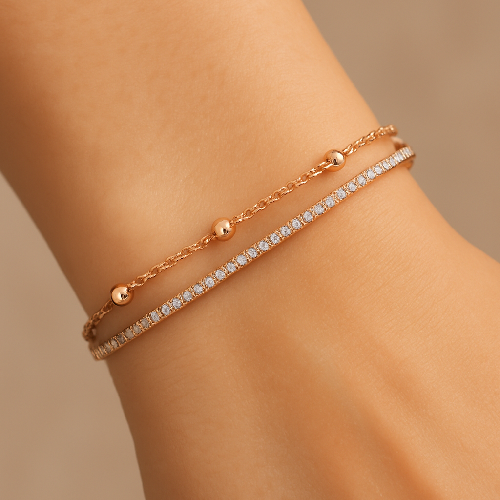 925 Silver Rose Gold Dual Chain Bracelet with Zircon Accents